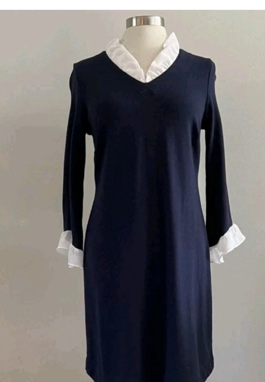 Classic Navy V-Neck Dress with White Ruffle Collar